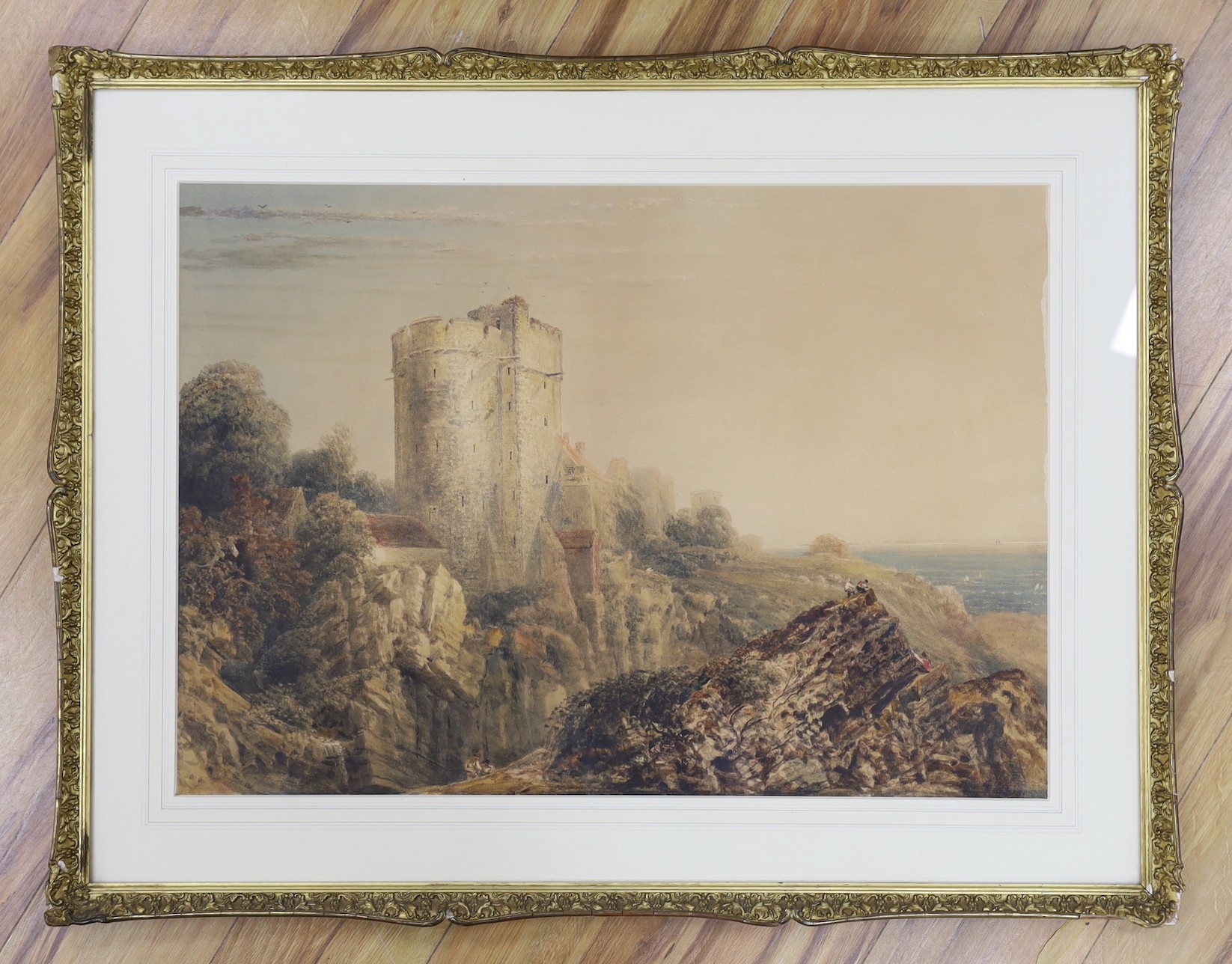 Peter de Wint OWS (1784-1849), watercolour, Lympne Castle, Romney Marsh, Ryman & Co label verso, 52 x 74cm